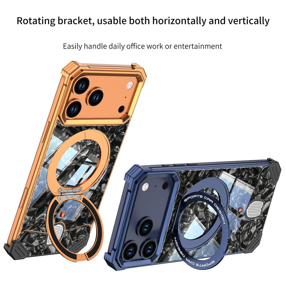 For iPhone 17 Pro Max Frameless Case Marble Pattern Rotating Kickstand Metal Snap-on Phone Cover