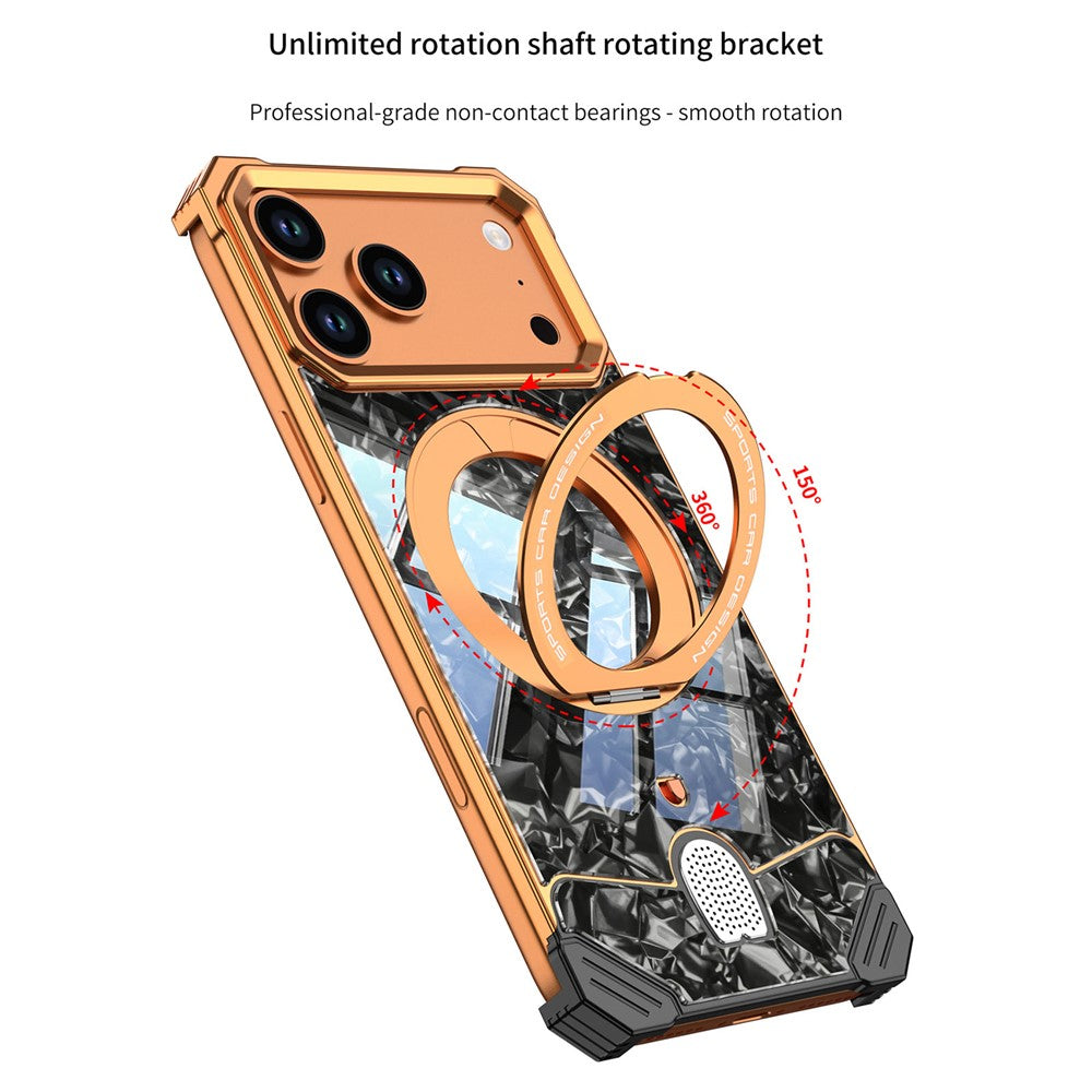For iPhone 17 Pro Max Frameless Case Marble Pattern Rotating Kickstand Metal Snap-on Phone Cover