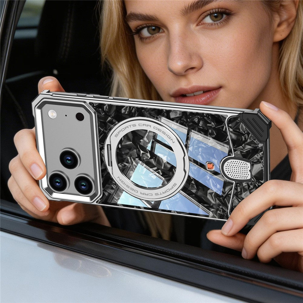 For iPhone 17 Pro Max Frameless Case Marble Pattern Rotating Kickstand Metal Snap-on Phone Cover