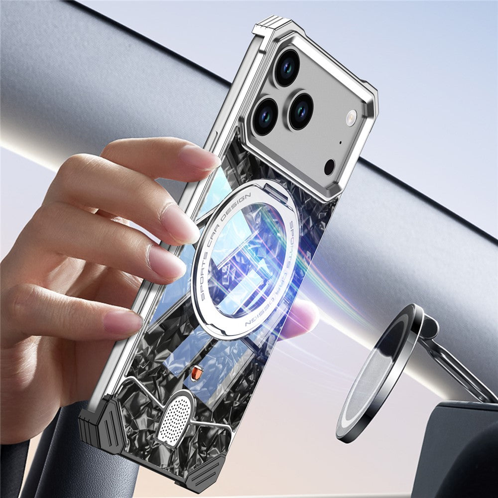 For iPhone 17 Pro Frameless Case Marble Pattern Rotating Kickstand Metal Snap-on Phone Cover