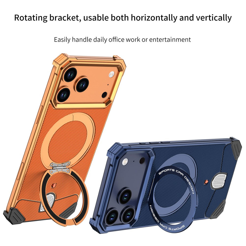 For iPhone 17 Pro Frameless Metal Case Snap-on Leather Back Phone Cover with Rotating Kickstand