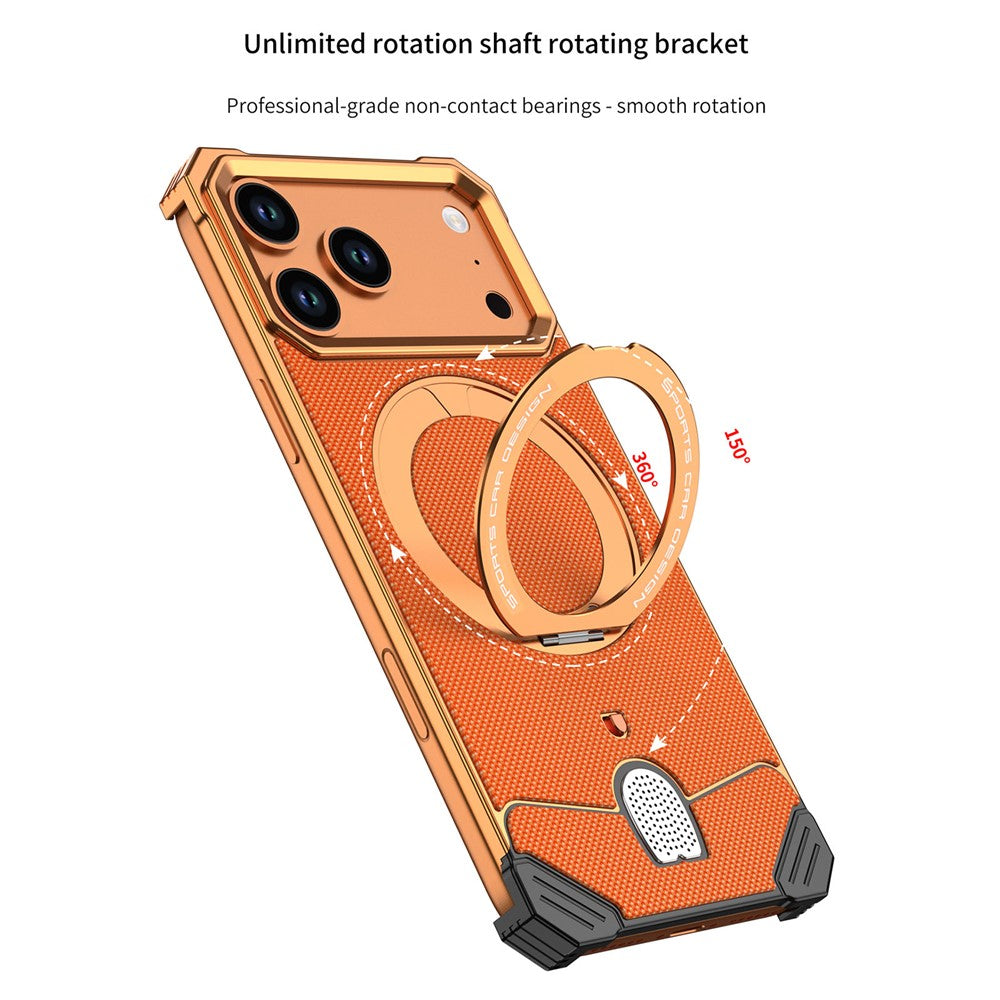 For iPhone 17 Pro Frameless Metal Case Snap-on Leather Back Phone Cover with Rotating Kickstand