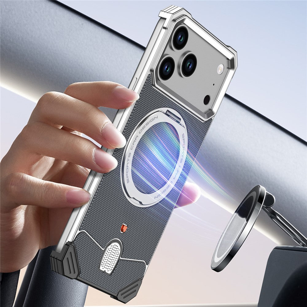 For iPhone 17 Pro Frameless Metal Case Snap-on Leather Back Phone Cover with Rotating Kickstand