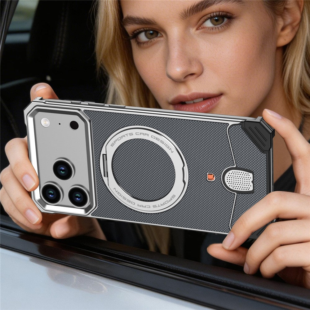 For iPhone 17 Pro Max Frameless Metal Case Snap-on Leather Back Phone Cover with Rotating Kickstand