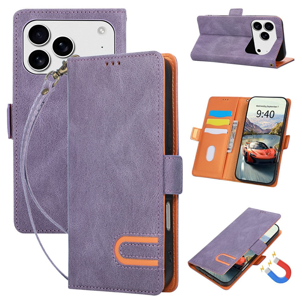 For iPhone 17 Pro  /  18 Pro Case U-Shape Decoration Magnetic Side Clasp Wallet Leather Phone Cover with Wrist Strap