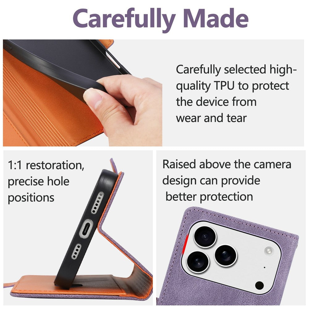 For iPhone 17 Pro  /  18 Pro Case U-Shape Decoration Magnetic Side Clasp Wallet Leather Phone Cover with Wrist Strap