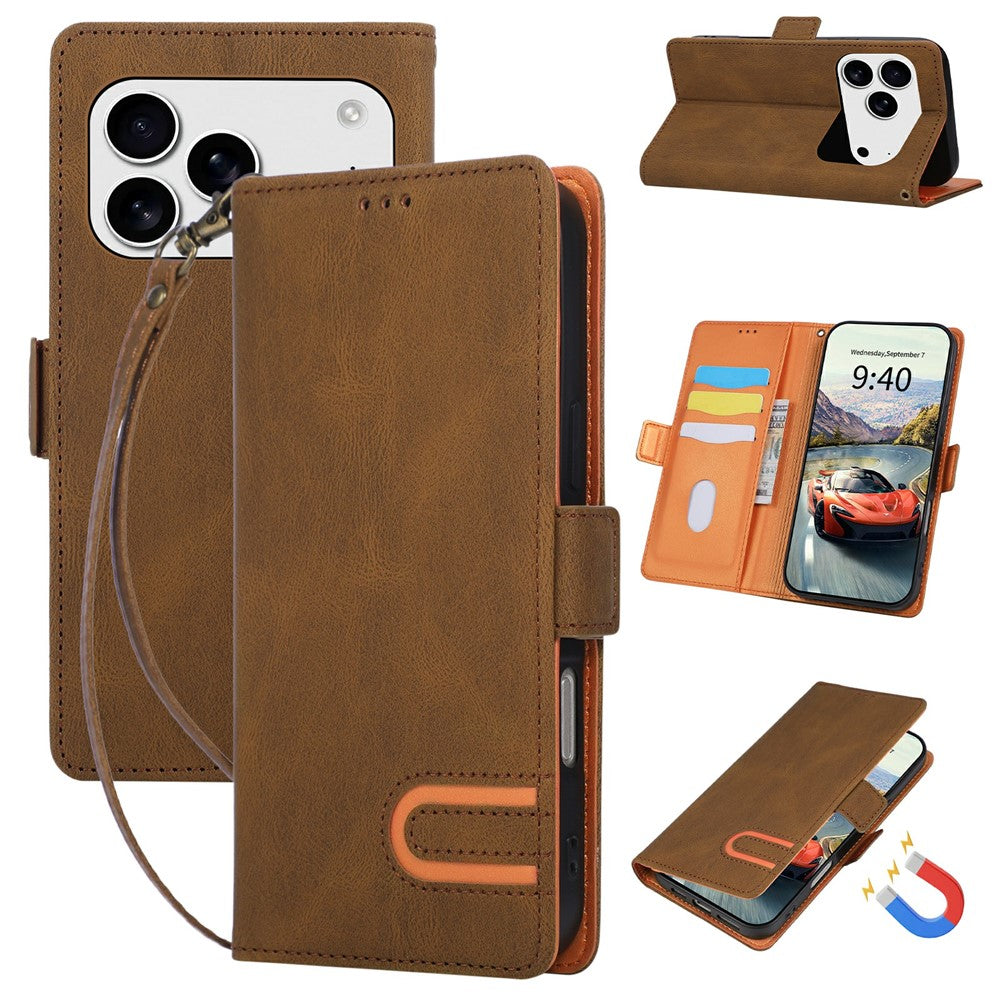 For iPhone 17 Pro Max  /  18 Pro Max Case U-Shape Decoration Magnetic Side Clasp Wallet Leather Phone Cover with Wrist Strap