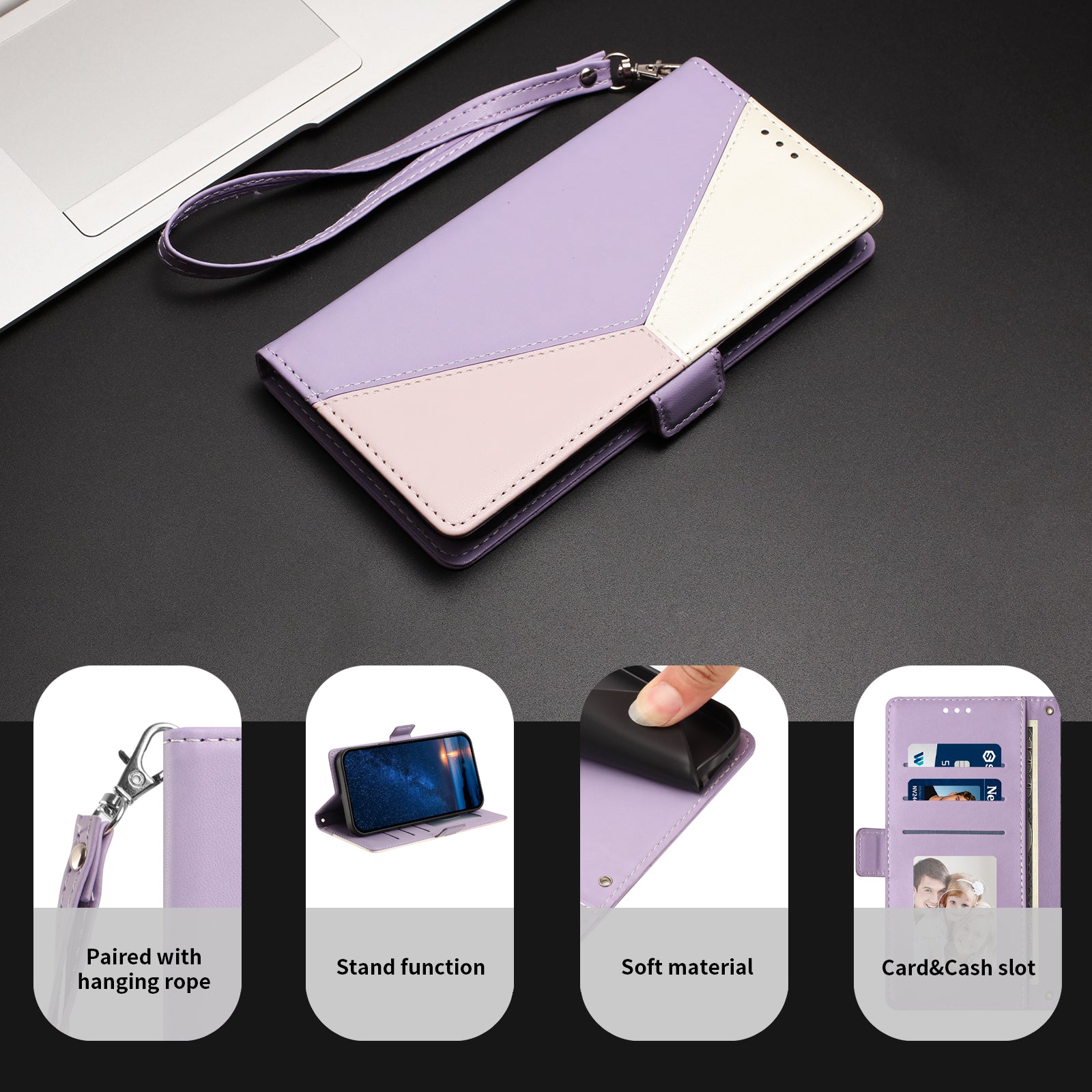 For iPhone 17 Pro / iPhone 18 Pro Case Color Stitching RFID Blocking Wallet Flip Leather Phone Cover with Wrist Strap