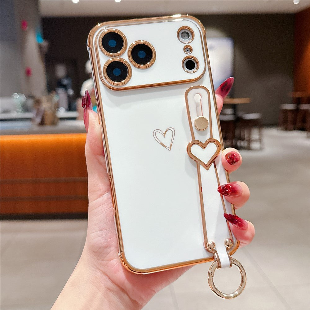 For iPhone 17 Pro Max Case Electroplated Heart Pattern TPU Phone Back Cover with Wristband Kickstand