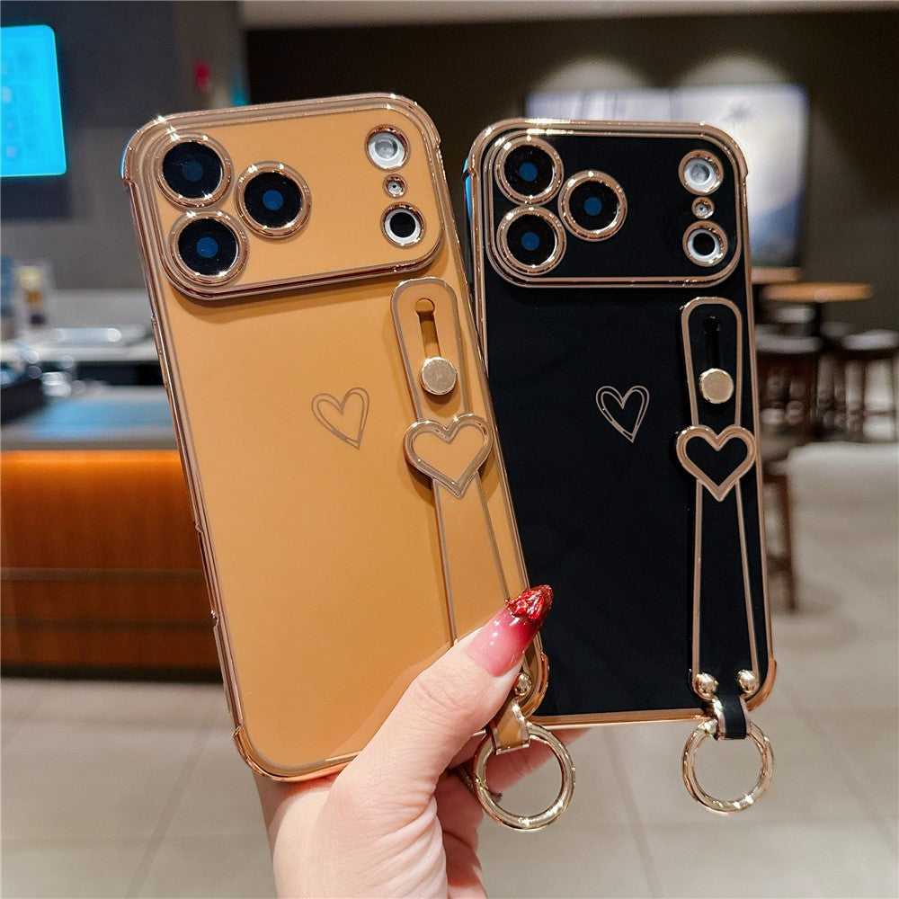 For iPhone 17 Pro Max Case Electroplated Heart Pattern TPU Phone Back Cover with Wristband Kickstand