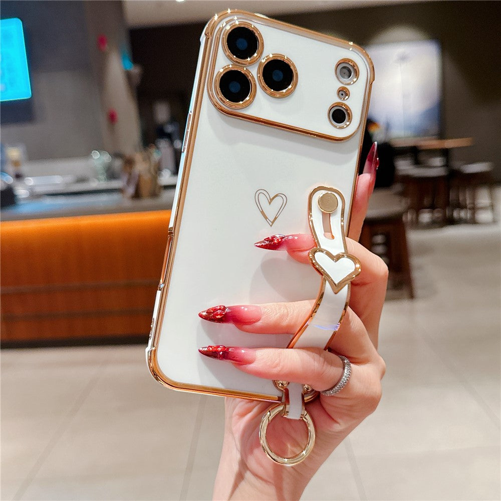 For iPhone 17 Pro Max Case Electroplated Heart Pattern TPU Phone Back Cover with Wristband Kickstand