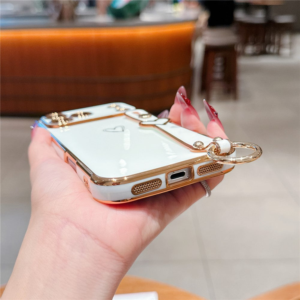 For iPhone 17 Pro Max Case Electroplated Heart Pattern TPU Phone Back Cover with Wristband Kickstand