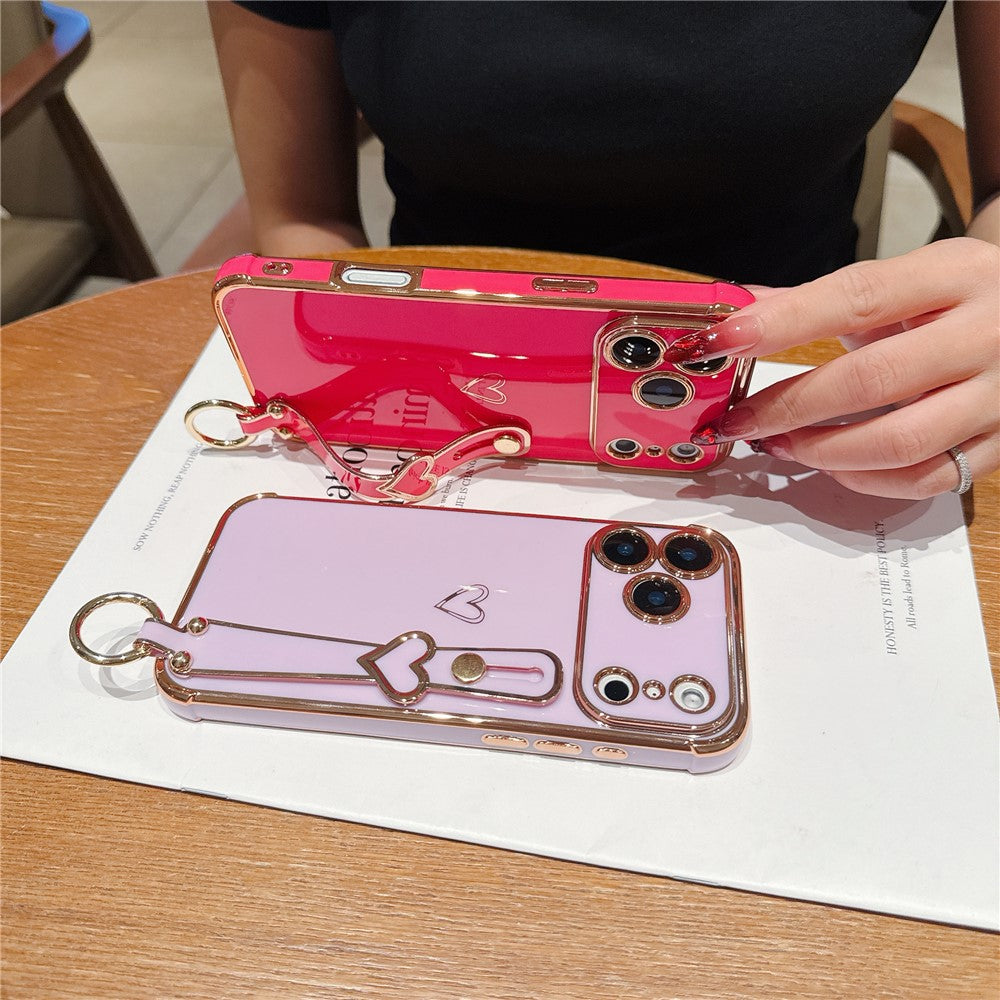 For iPhone 17 Pro Max Case Electroplated Heart Pattern TPU Phone Back Cover with Wristband Kickstand