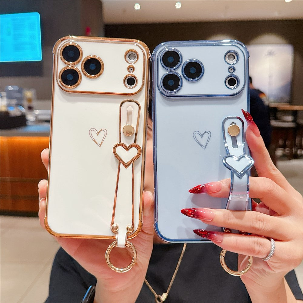 For iPhone 17 Pro Max Case Electroplated Heart Pattern TPU Phone Back Cover with Wristband Kickstand