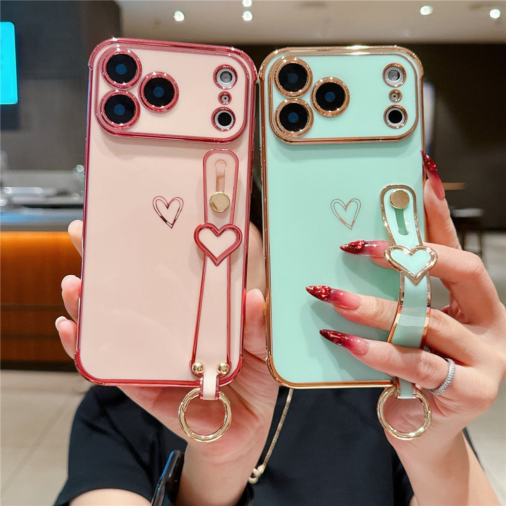 For iPhone 17 Pro Max Case Electroplated Heart Pattern TPU Phone Back Cover with Wristband Kickstand