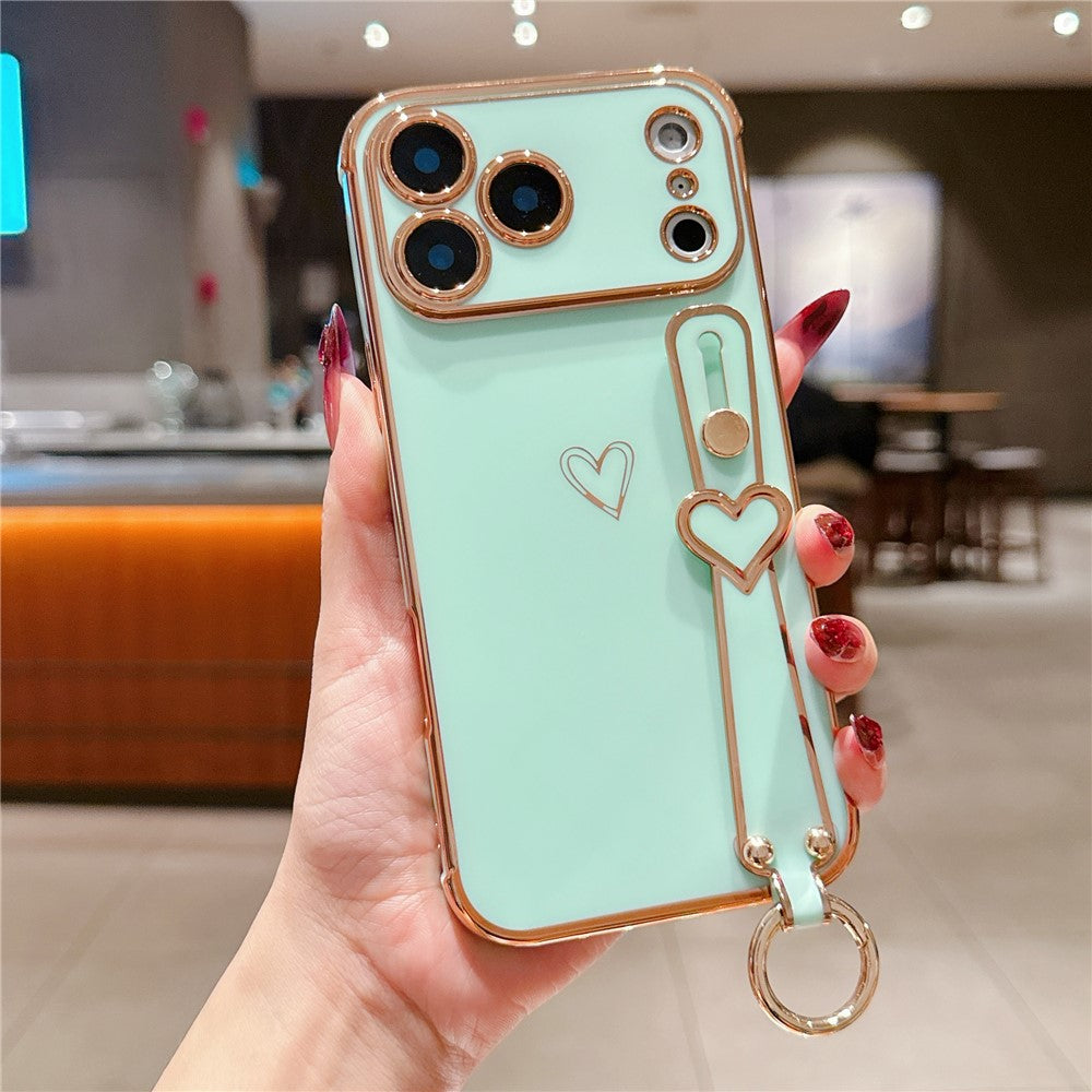 For iPhone 17 Pro Max Case Electroplated Heart Pattern TPU Phone Back Cover with Wristband Kickstand