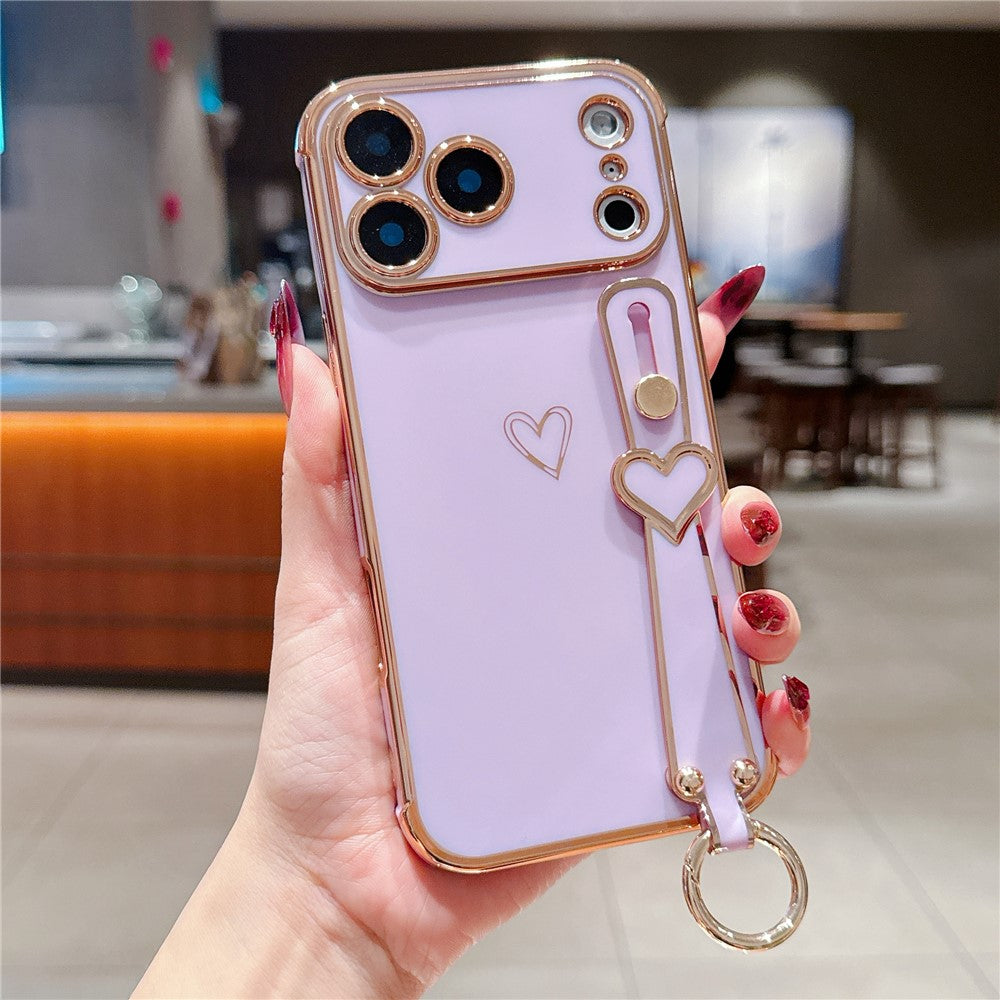 For iPhone 17 Pro Max Case Electroplated Heart Pattern TPU Phone Back Cover with Wristband Kickstand