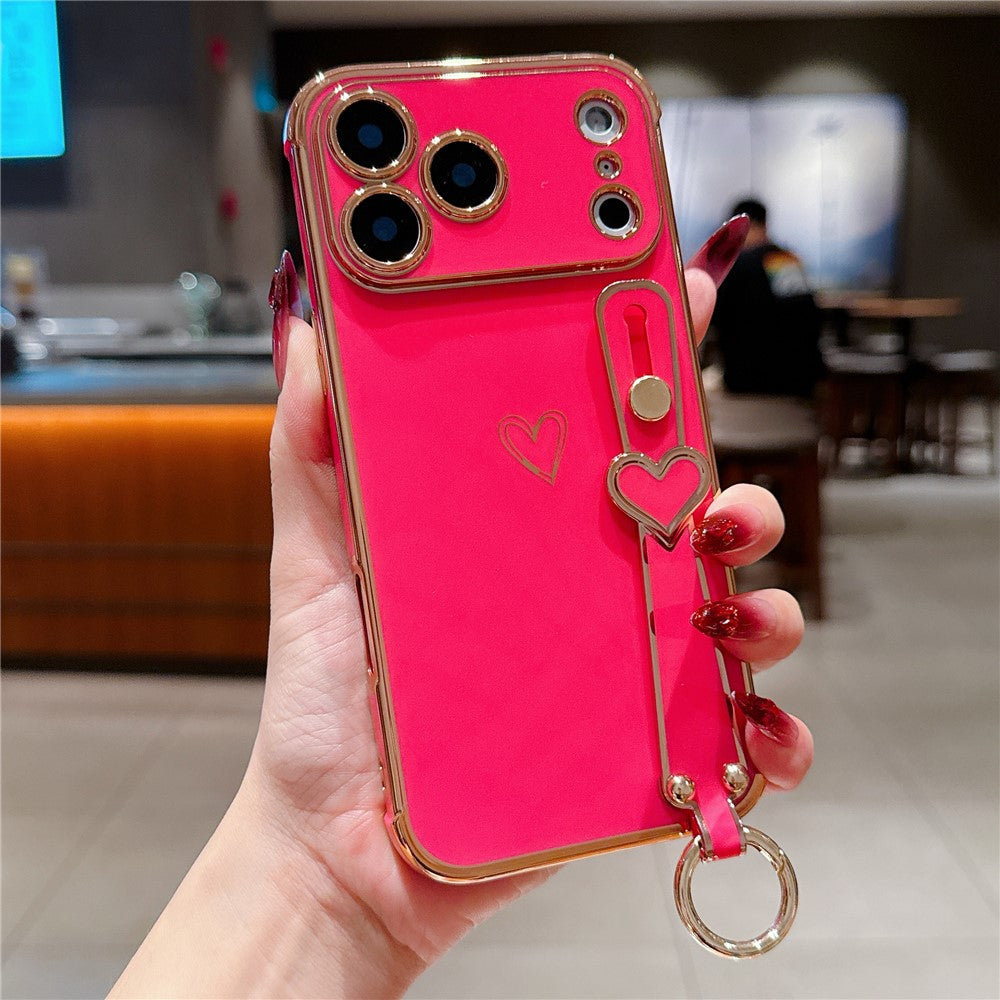 For iPhone 17 Pro Max Case Electroplated Heart Pattern TPU Phone Back Cover with Wristband Kickstand