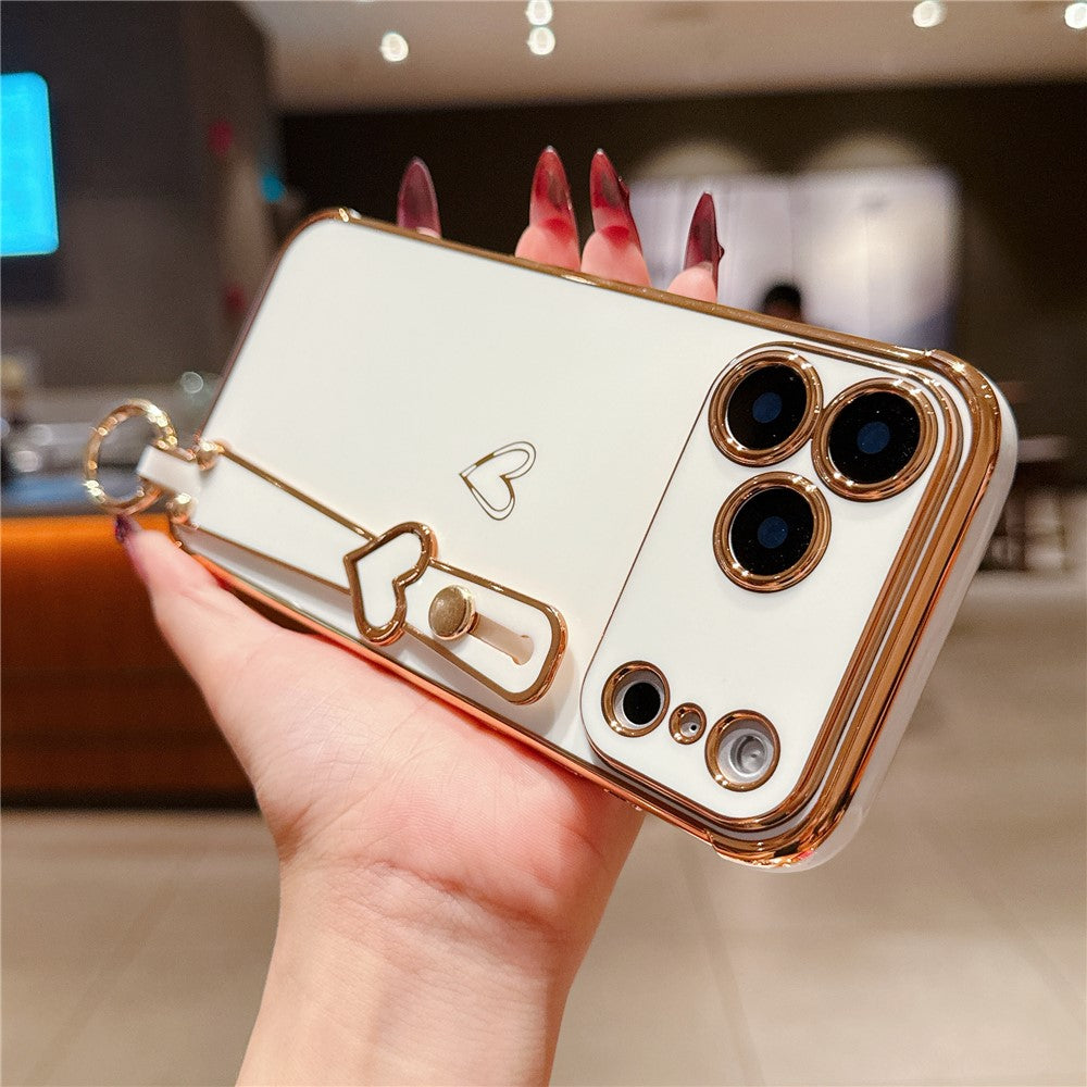 For iPhone 17 Pro Case Electroplated Heart Pattern TPU Phone Back Cover with Wristband Kickstand