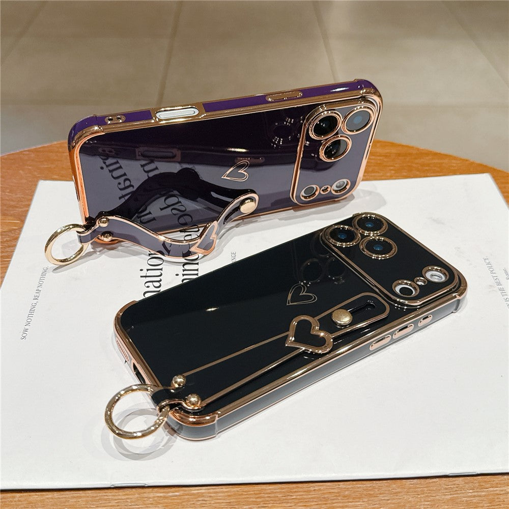For iPhone 17 Pro Case Electroplated Heart Pattern TPU Phone Back Cover with Wristband Kickstand