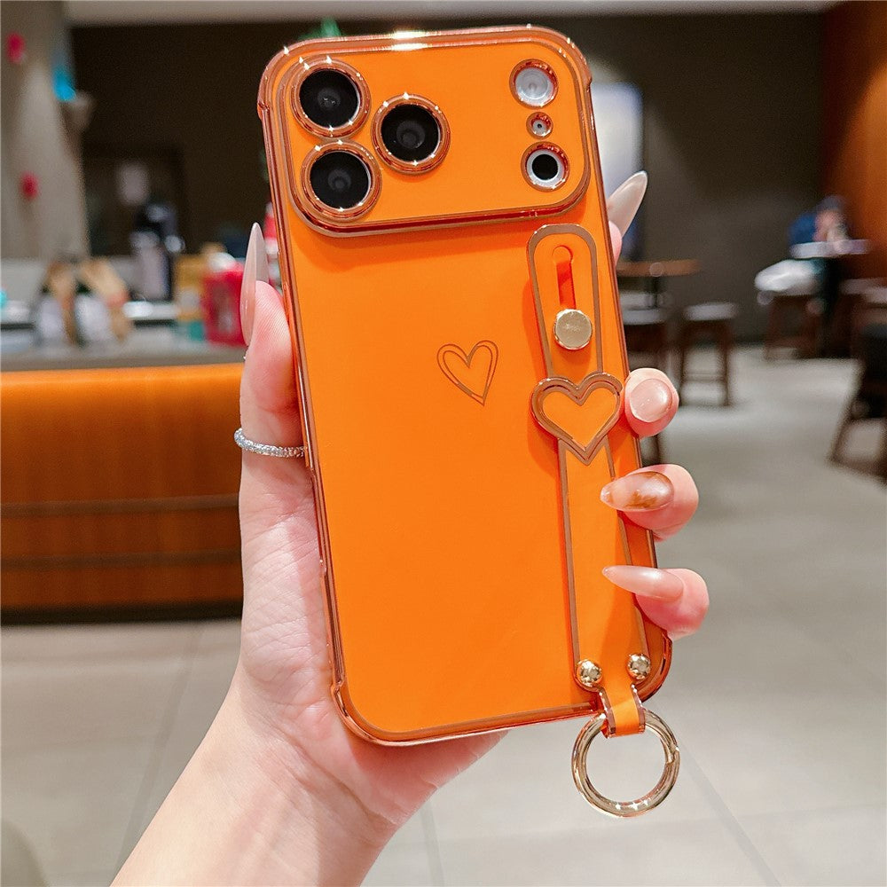 For iPhone  18 Pro / 17  Pro Case Electroplated Heart Pattern TPU Phone Back Cover with Wristband Kickstand