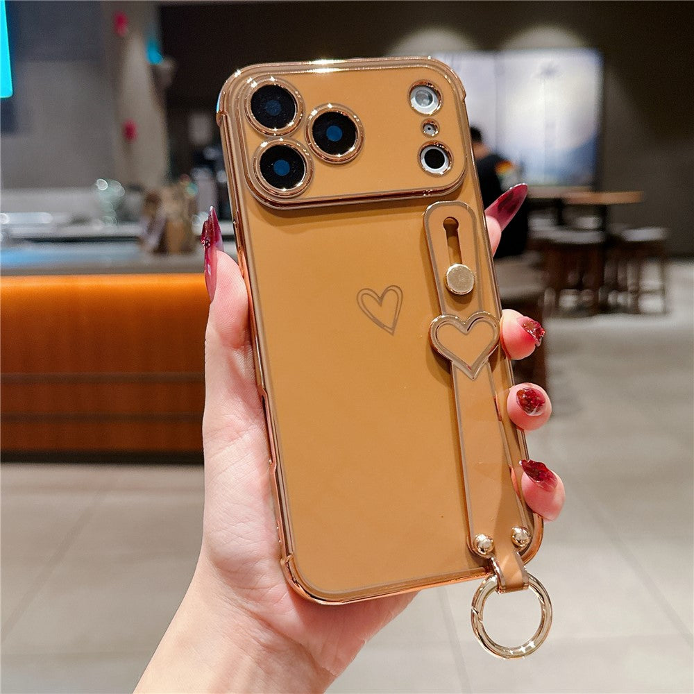 For iPhone  18 Pro / 17  Pro Case Electroplated Heart Pattern TPU Phone Back Cover with Wristband Kickstand
