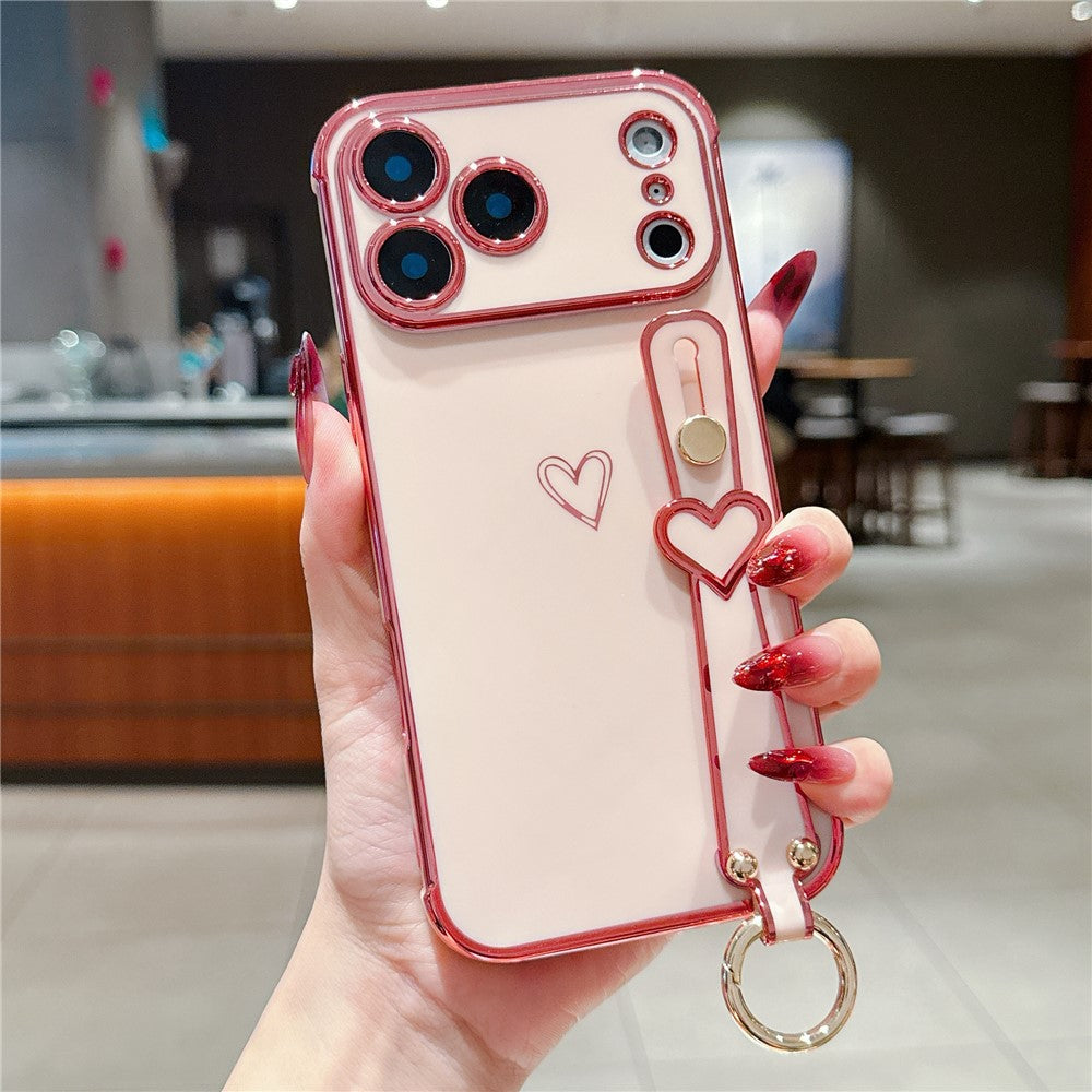 For iPhone  18 Pro / 17  Pro Case Electroplated Heart Pattern TPU Phone Back Cover with Wristband Kickstand