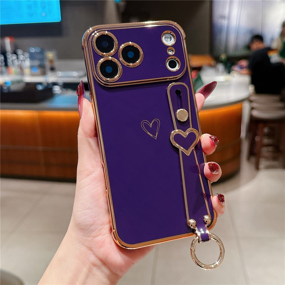 For iPhone 17 Pro Case Electroplated Heart Pattern TPU Phone Back Cover with Wristband Kickstand