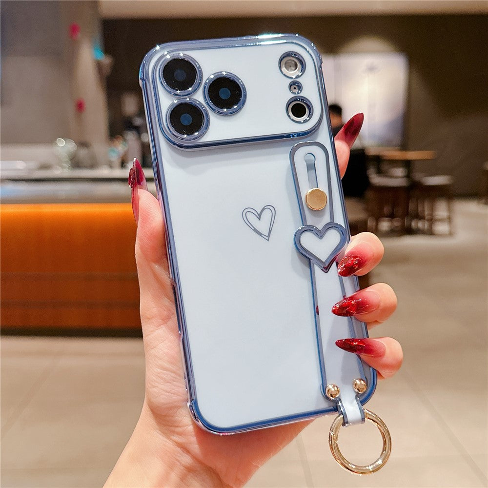 For iPhone  18 Pro / 17  Pro Case Electroplated Heart Pattern TPU Phone Back Cover with Wristband Kickstand