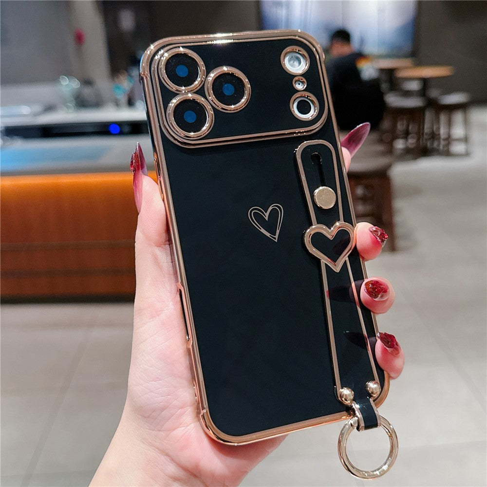 For iPhone  18 Pro / 17  Pro Case Electroplated Heart Pattern TPU Phone Back Cover with Wristband Kickstand