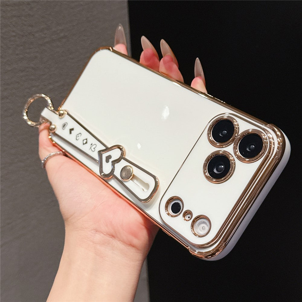 For iPhone 17 Pro Max Case Heart Wristband Kickstand Electroplated TPU Phone Cover