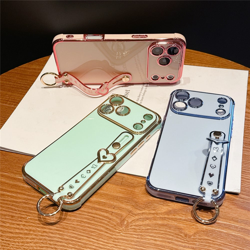 For iPhone 17 Pro Max Case Heart Wristband Kickstand Electroplated TPU Phone Cover