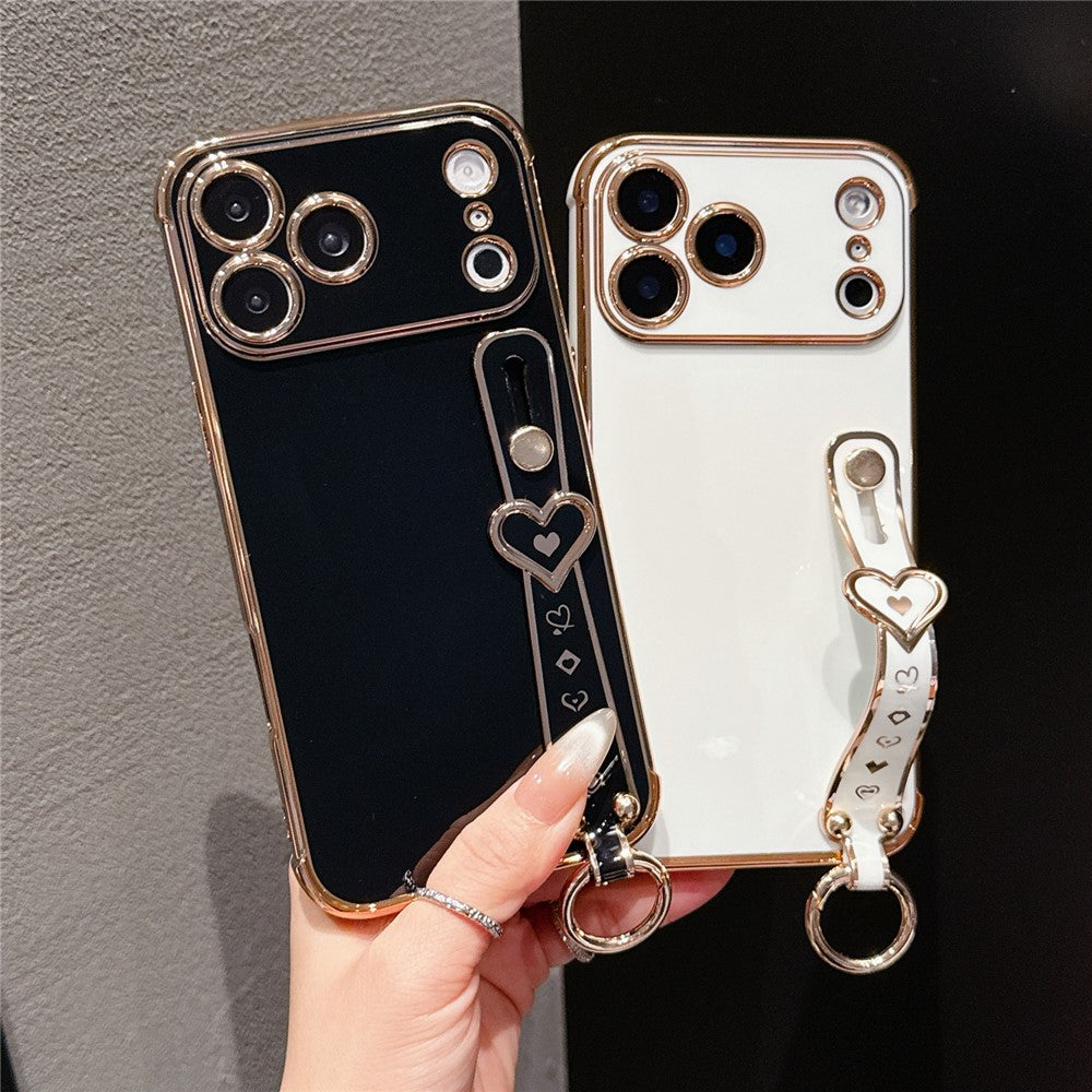 For iPhone 17 Pro Max Case Heart Wristband Kickstand Electroplated TPU Phone Cover