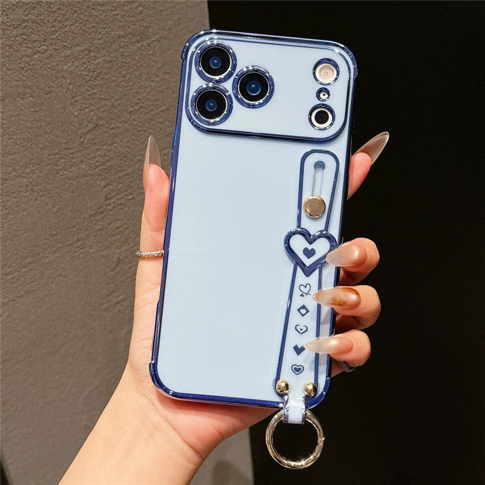 For iPhone 17 Pro Max Case Heart Wristband Kickstand Electroplated TPU Phone Cover