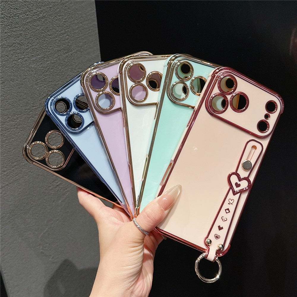 For iPhone 17 Pro Case Heart Wristband Kickstand Electroplated TPU Phone Cover