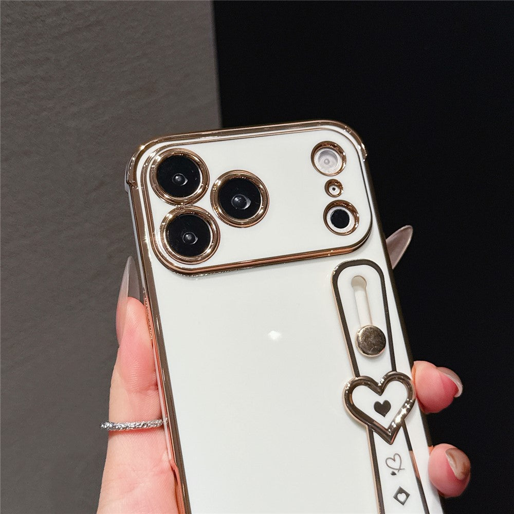 For iPhone 17 Pro Case Heart Wristband Kickstand Electroplated TPU Phone Cover