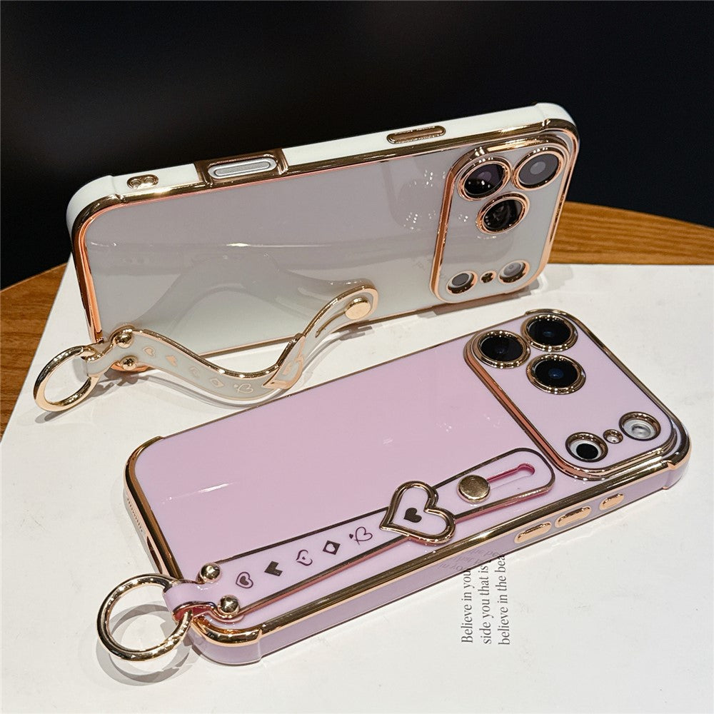 For iPhone 17 Pro Case Heart Wristband Kickstand Electroplated TPU Phone Cover
