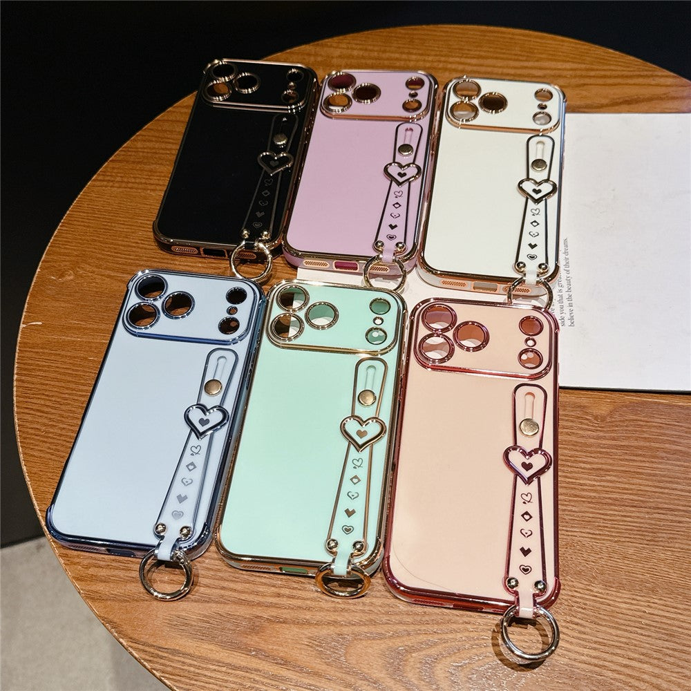 For iPhone 17 Pro Case Heart Wristband Kickstand Electroplated TPU Phone Cover