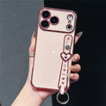 For iPhone 17 Pro Case Heart Wristband Kickstand Electroplated TPU Phone Cover