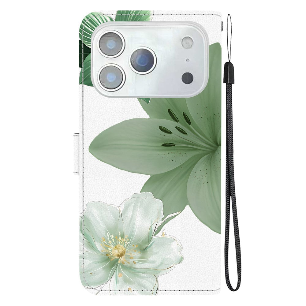 For iPhone 18 Pro / 17 Pro Case Pattern Printing PU Leather Wallet Flip Stand Phone Cover with Wrist Strap