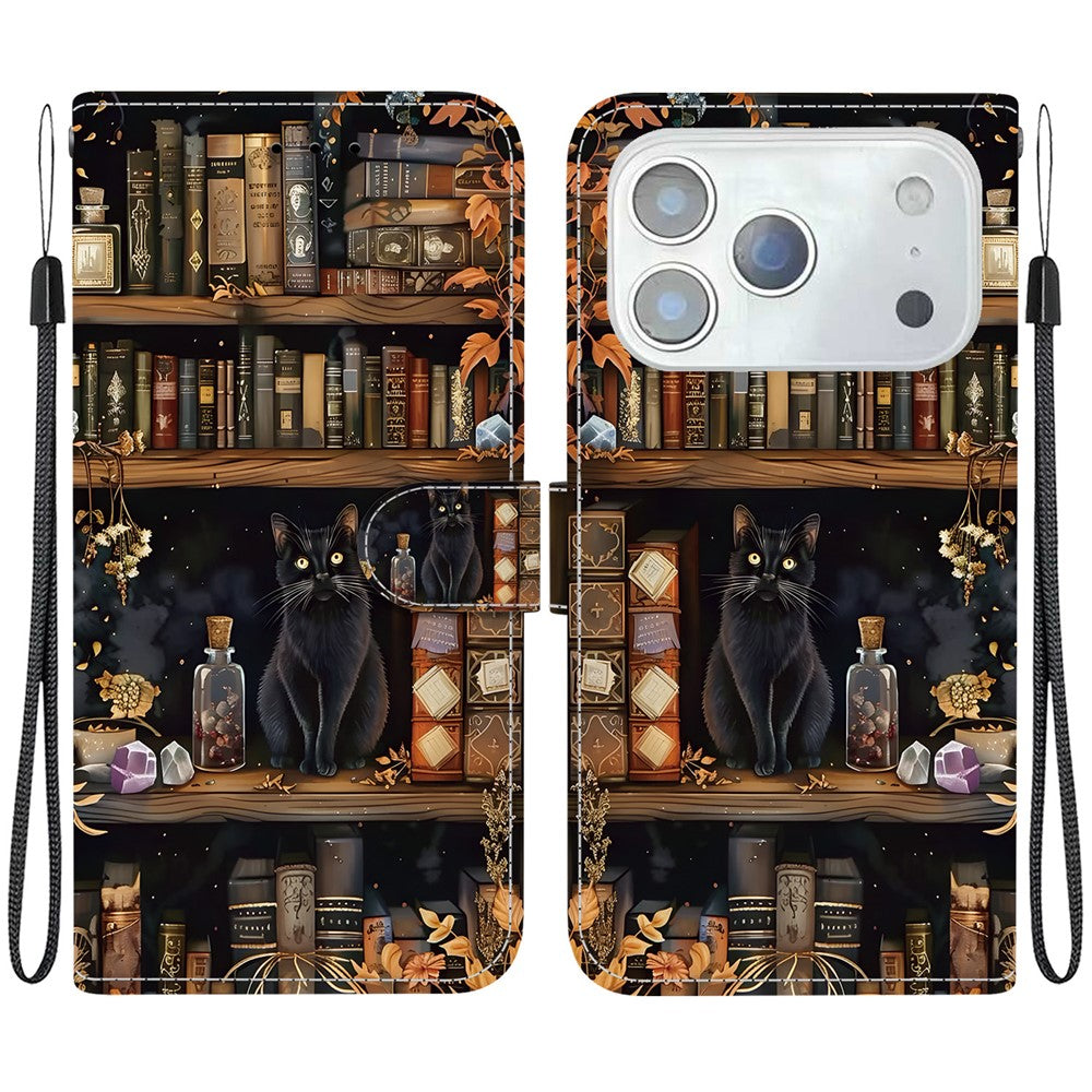 For iPhone 18 Pro / 17 Pro Case Pattern Printing PU Leather Wallet Flip Stand Phone Cover with Wrist Strap