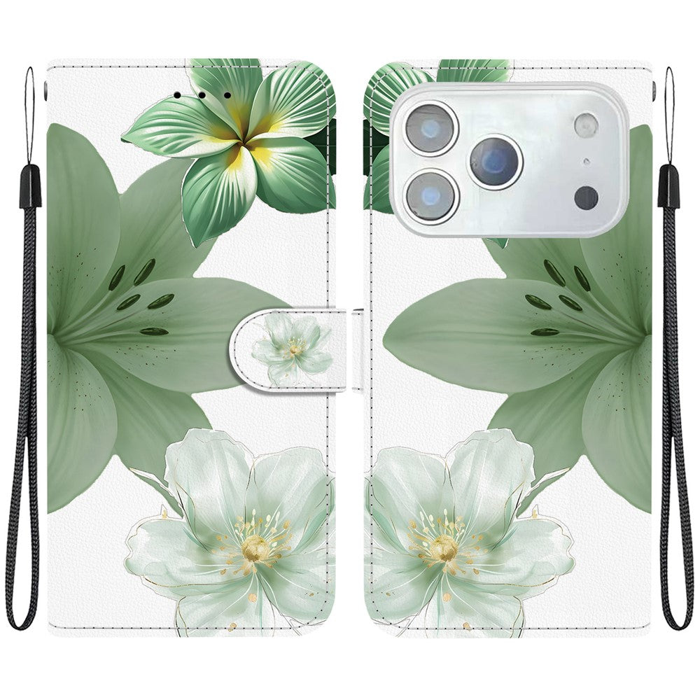 For iPhone 18 Pro Max / 17 Pro Max Case Pattern Printing PU Leather Wallet Flip Stand Phone Cover with Wrist Strap