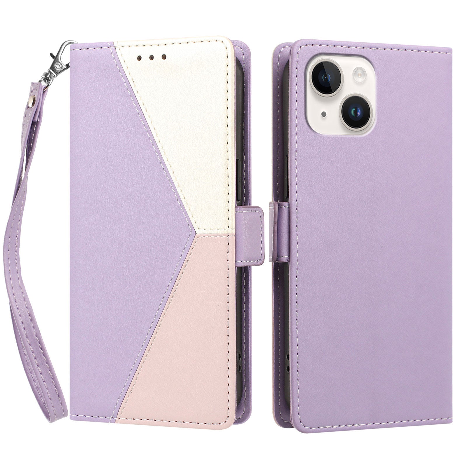 For iPhone 15 Plus Case Color Stitching RFID Blocking Wallet Flip Leather Phone Cover with Wrist Strap