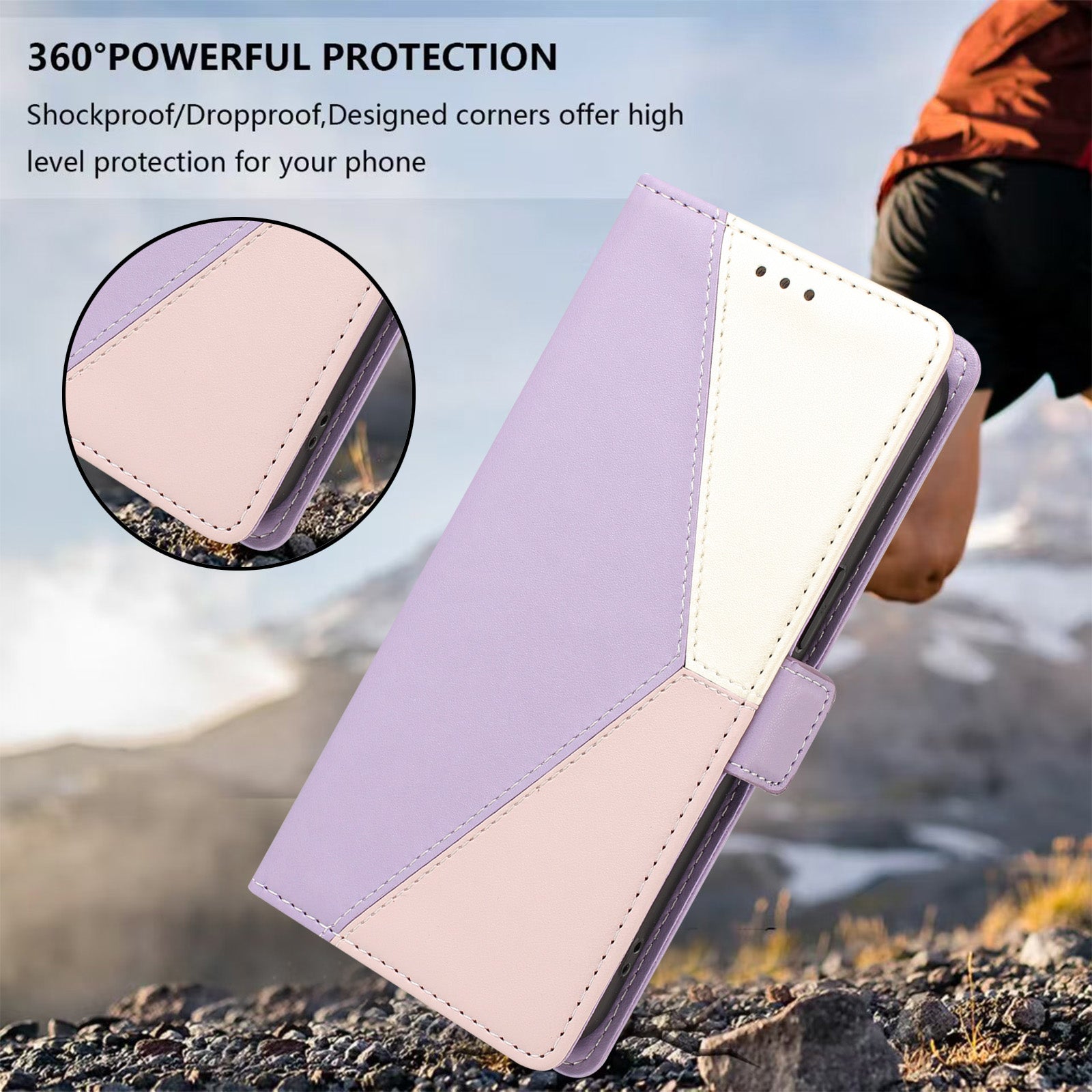 For iPhone 15 Plus Case Color Stitching RFID Blocking Wallet Flip Leather Phone Cover with Wrist Strap
