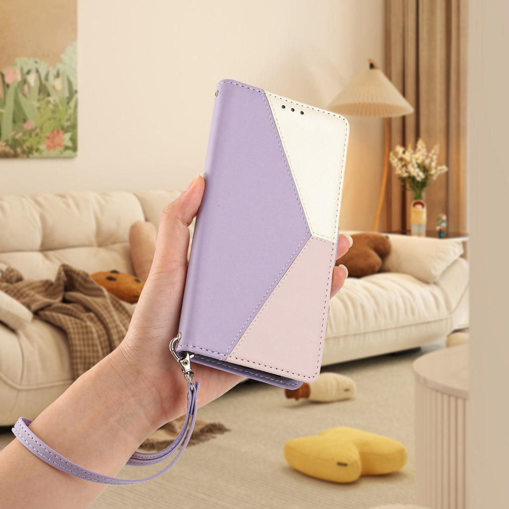 For iPhone 15 Plus Case Color Stitching RFID Blocking Wallet Flip Leather Phone Cover with Wrist Strap