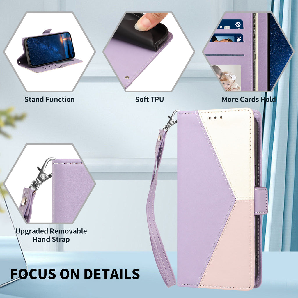 For iPhone 15 Plus Case Color Stitching RFID Blocking Wallet Flip Leather Phone Cover with Wrist Strap