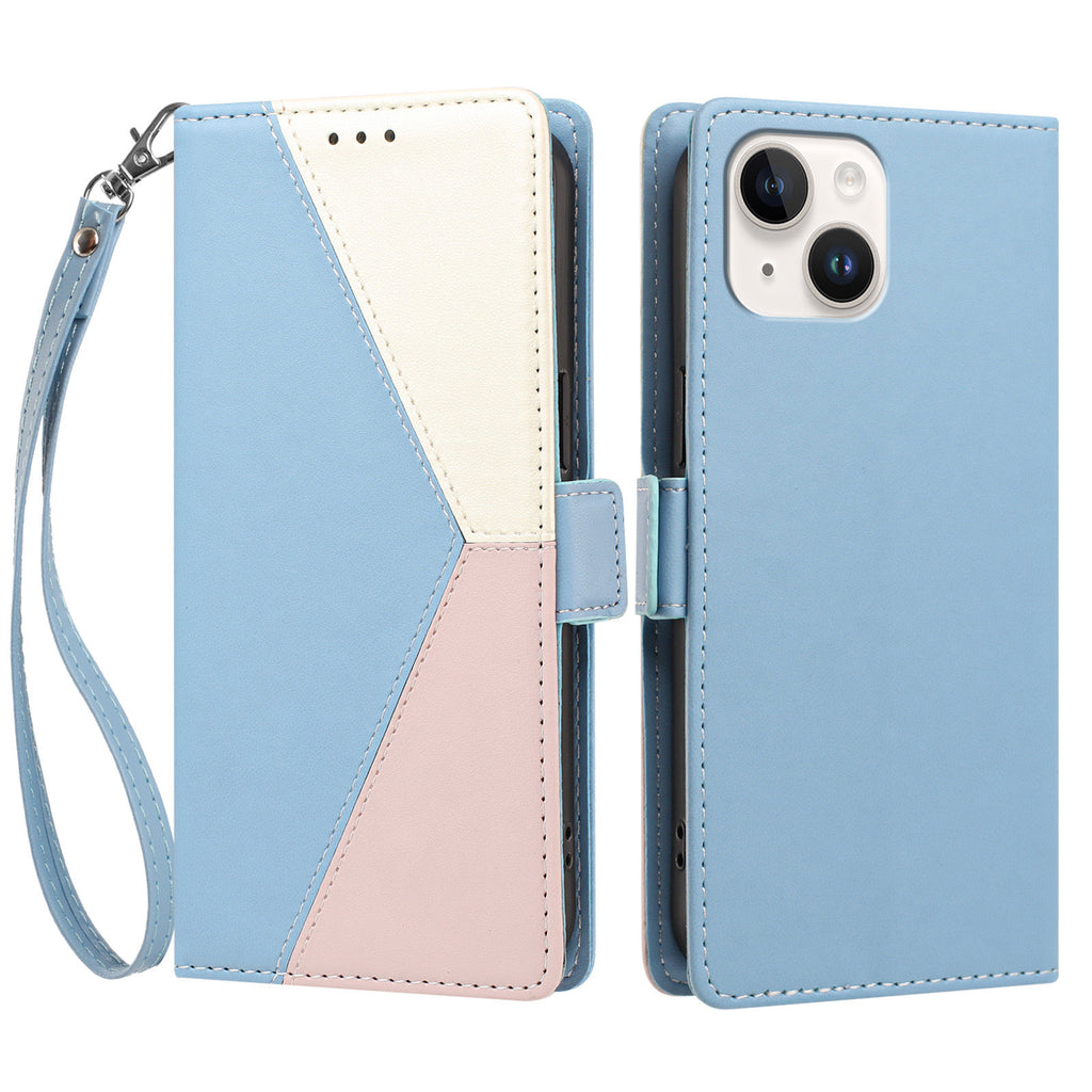 For iPhone 15 Plus Case Color Stitching RFID Blocking Wallet Flip Leather Phone Cover with Wrist Strap