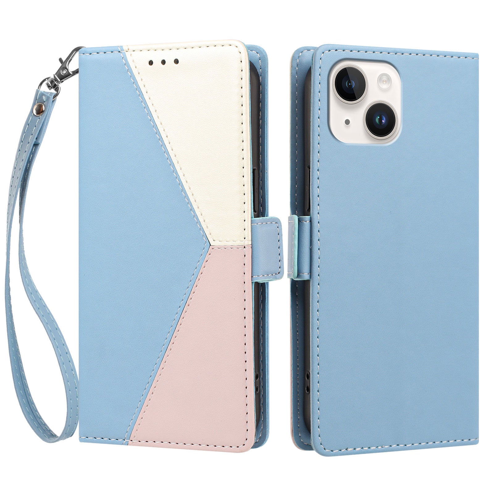 For iPhone 15 Plus Case Color Stitching RFID Blocking Wallet Flip Leather Phone Cover with Wrist Strap
