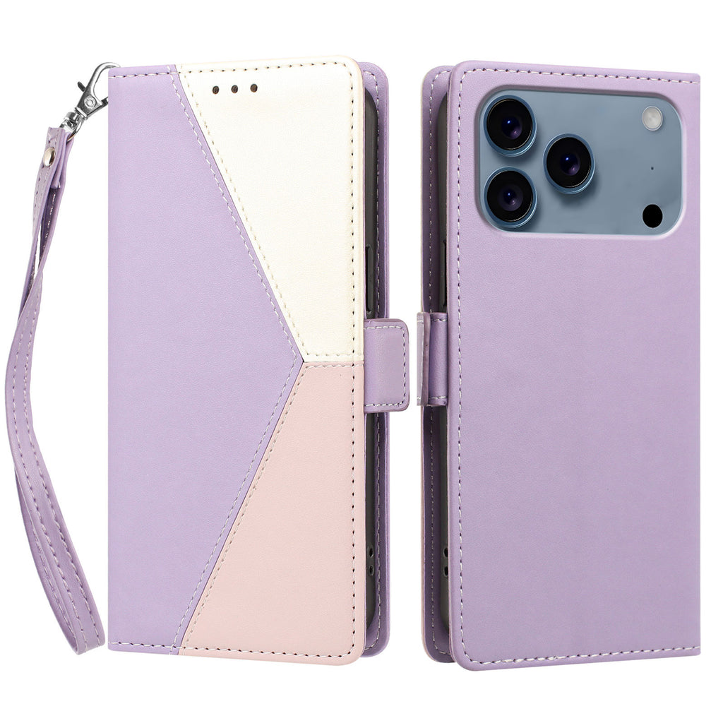 For iPhone 18 Pro Max / iPhone 17 Pro Max Case Color Stitching RFID Blocking Wallet Flip Leather Phone Cover with Wrist Strap