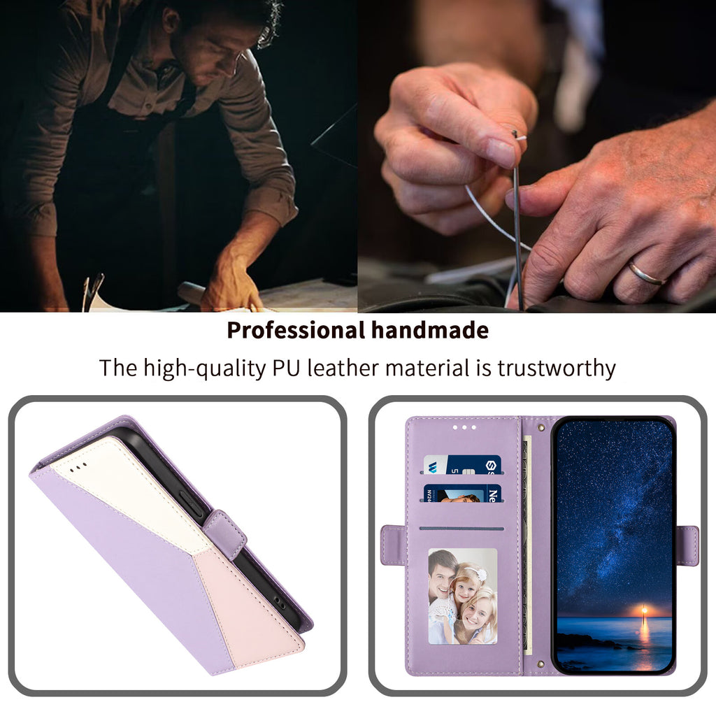 For iPhone 18 Pro Max / iPhone 17 Pro Max Case Color Stitching RFID Blocking Wallet Flip Leather Phone Cover with Wrist Strap